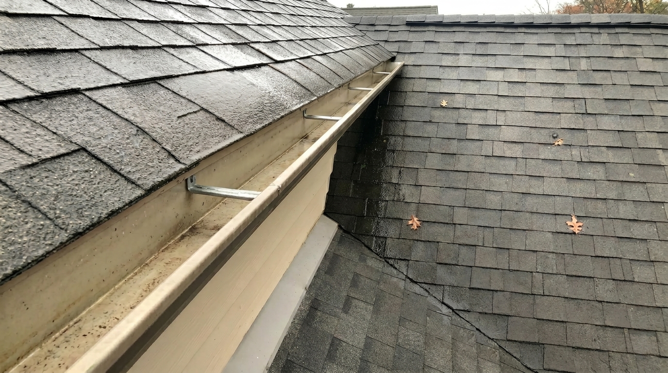 Close-up of a gutter and beige fascia along a wet, dark shingled roof; brackets hold the gutter along the roof intersection with a few fallen leaves nearby.