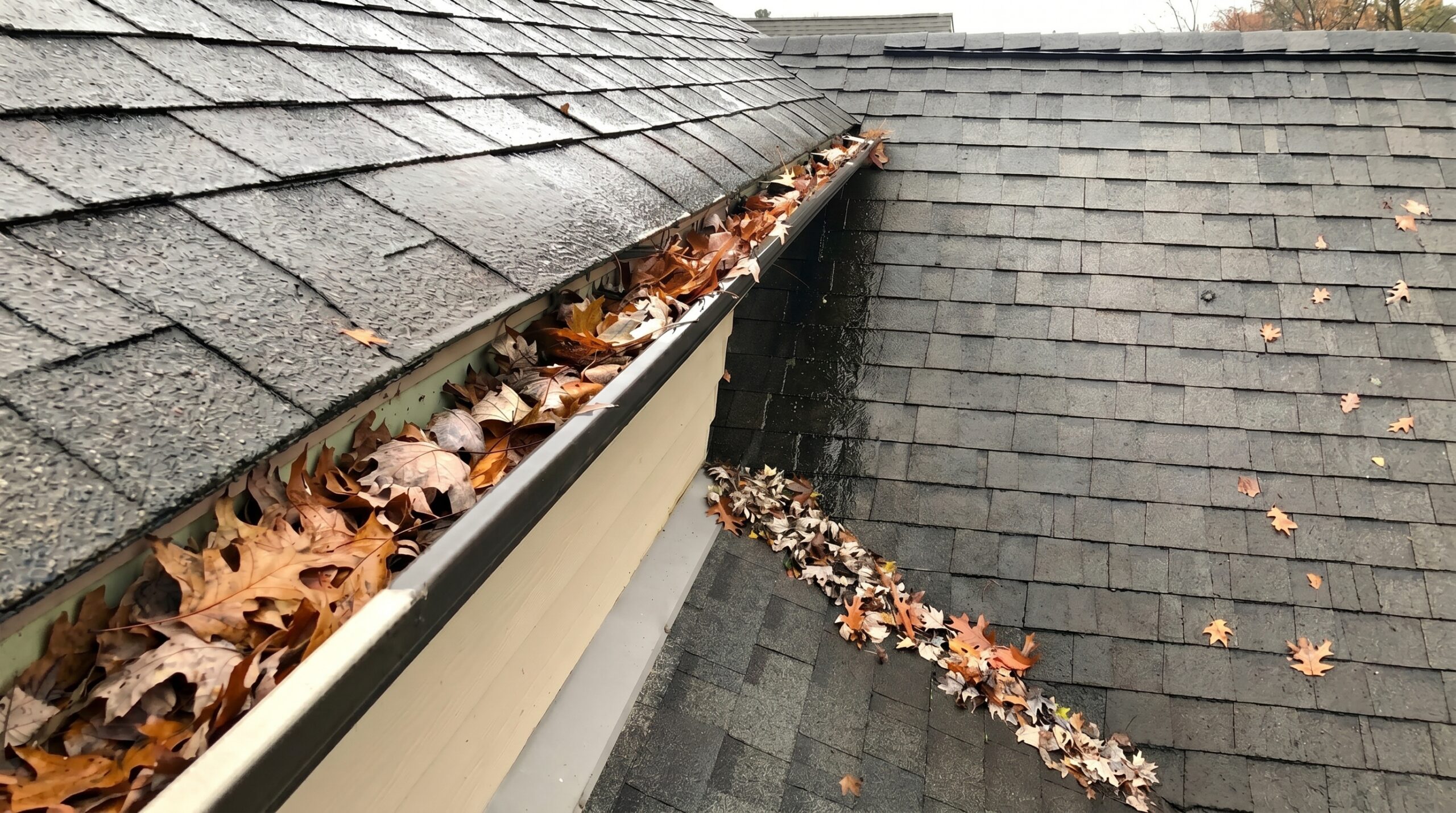 Gutter filled with fallen autumn leaves along a gray shingled roof, with rain droplets on the shingles.