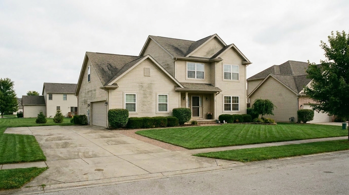 Two-story beige suburban house with attached two-car garage, front porch, and a neatly mowed lawn.
