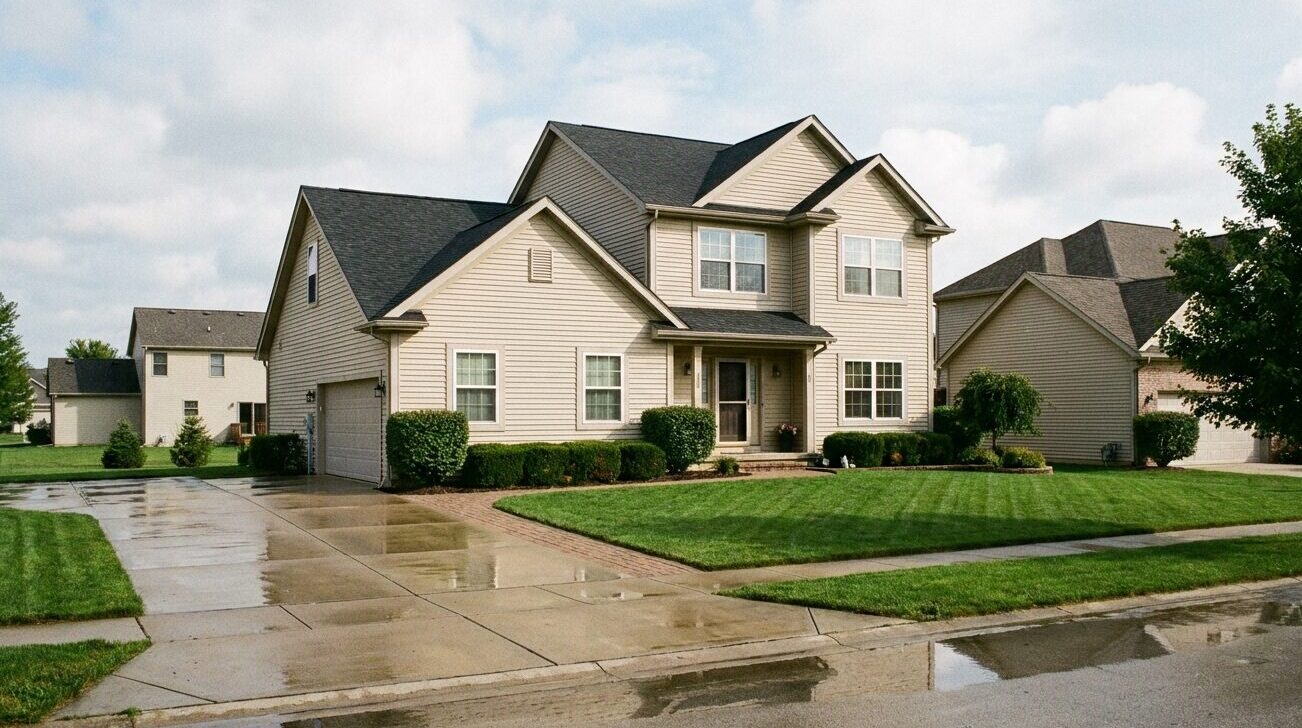 Front view of a two-story beige suburban house with an attached garage, well-kept shrubs, and a wet concrete driveway after rain.