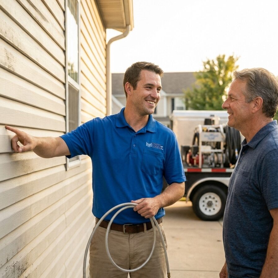 Technician in a blue polo points at the siding while holding a coiled hose, talking to a homeowner outside a beige house with a service truck in the background.